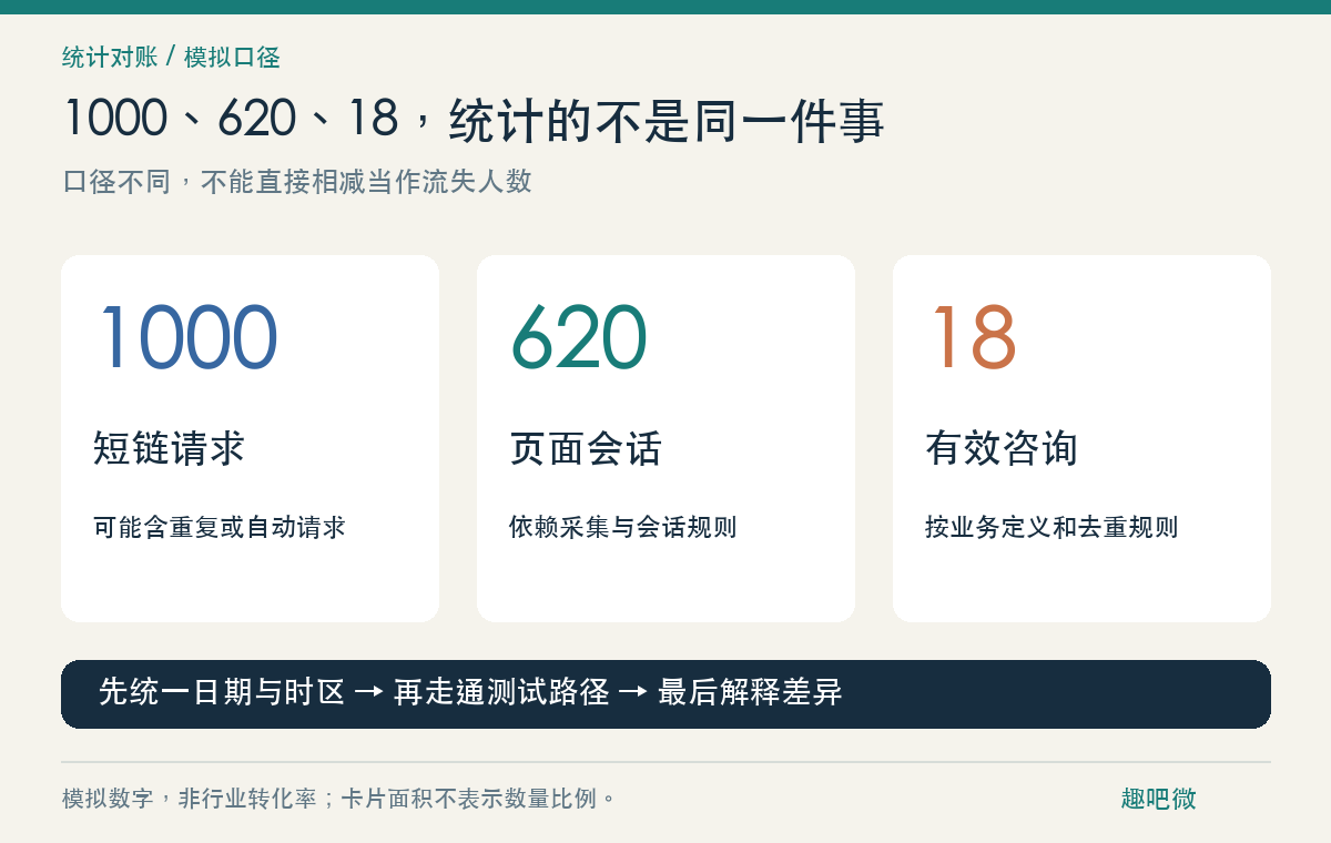 短链有1000次点击,页面只有620次访问,少了什么?(图1) 三个不同口径的模拟数字,不能直接相减当作流失人数,也不能当作行业转化基准。