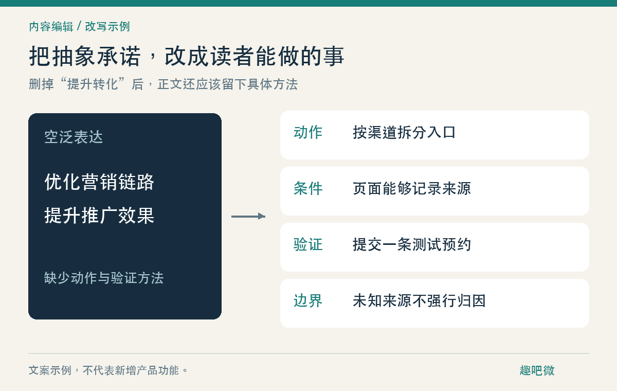 把“提升转化”删掉之后,营销文章还剩下什么?(图1) 文案改写的四个落点:动作、条件、验证和边界;示例不代表产品功能承诺。